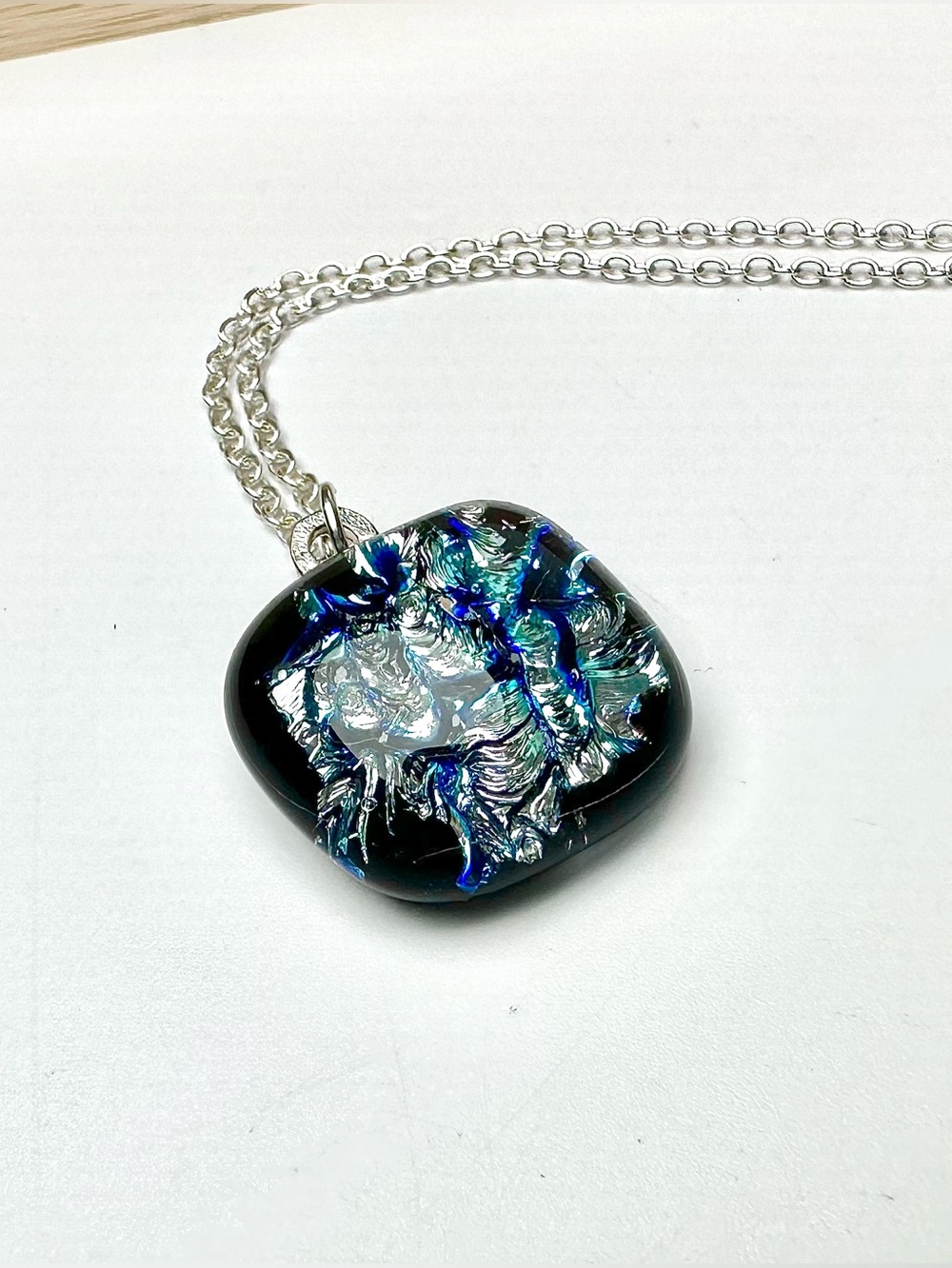 🤍Dichroic Glass Pendant Necklace - Black, Silver & Blue